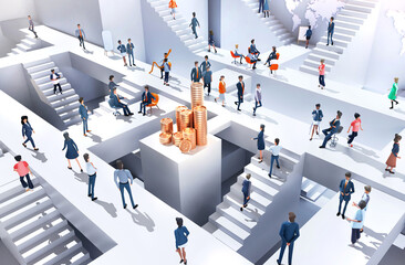 Business people collaborating on a project. Office workers are running up and down stairs in an abstract business environment around golden coins, busy life, work together concept. 3D rendering