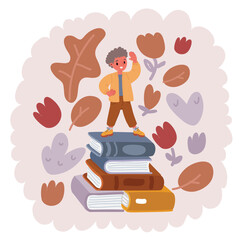 Vector illustration of boy stand on book stack