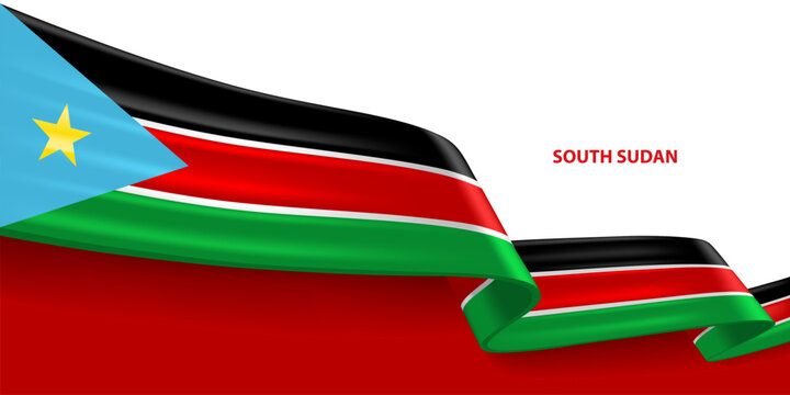 South Sudan 3D ribbon flag. Bent waving 3D flag in colors of the South Sudan national flag. National flag background design.