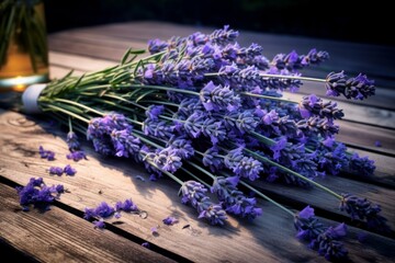 Lavender buds on board. Natural herb. Generate Ai - obrazy, fototapety, plakaty