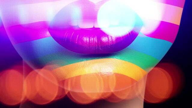 female lips and face with changing rainbow pride makeup