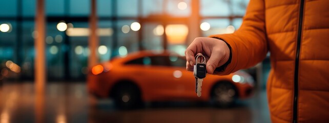 Man holding car keys before orange car - obrazy, fototapety, plakaty