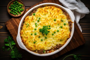 Top View of Hachis Parmentier - French Version of Shepherd's Pie with Mashed Potatoes and Baked Beef Minced Meat and Vegetables - obrazy, fototapety, plakaty