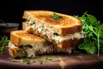 Tuna Melt Sandwich with a Twist - A Delicious Homemade Patty Made with Melted Cheese, American Pickle, Salad, and Brown Bread - obrazy, fototapety, plakaty