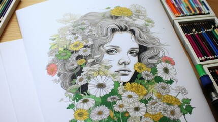  a drawing of a woman's face surrounded by daisies and daisies in front of a bookcase.