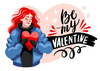 A beautiful girl holds a red heart in her hands. A red-haired woman in a jacket wishes happy Valentine's Day. Vector, Cartoon, Flat