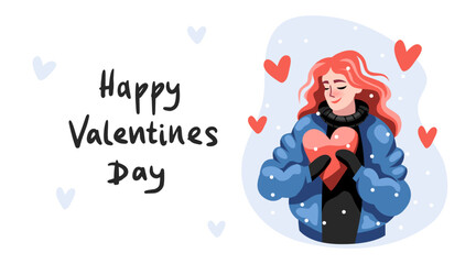A beautiful girl holds a red heart in her hands. A red-haired woman in a jacket wishes happy Valentine's Day. Vector, Cartoon, Flat