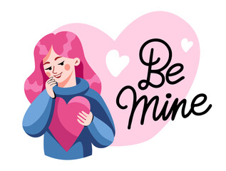 A beautiful girl holds a heart in her hands. A lovely woman wishes you a happy Valentine's Day. Vector, Cartoon, Flat