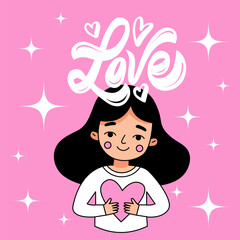 A beautiful girl holds a heart in her hands. A lovely woman wishes you a happy Valentine's Day. Vector, Cartoon, Flat