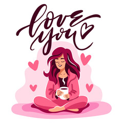 A lovely woman wishes you a happy Valentine's Day. A beautiful girl is sitting on the floor, holding a mug in her hands. Vector, Cartoon, Flat