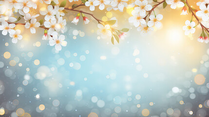 illustration of white cherry blossom branch with bokeh whimsical light, dreamy flower theme, Generative Ai