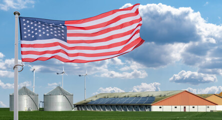 American flag on a background of modern farm using renewable energy