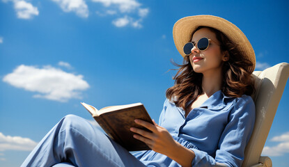 beautiful young woman in sunglasses and hat reading book on beach chair