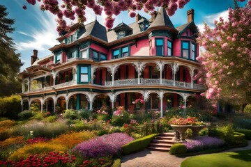 Obraz premium A classic Victorian mansion surrounded by an enchanting garden filled with colorful blooming flowers.