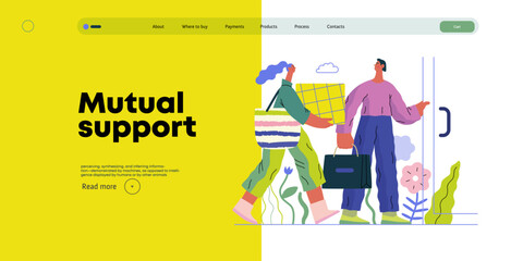 Mutual Support: Door Holding - modern flat vector concept illustration of woman carrying heavy box and man holding door for her. A metaphor of voluntary, collaborative exchanges of resource, services