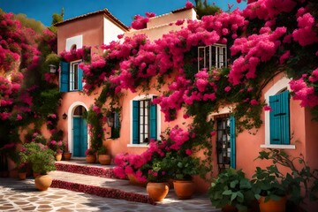 Fototapeta na wymiar A Mediterranean-style villa with terracotta roofs and vibrant bougainvillea climbing along the exterior walls.