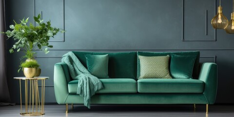 Modern green velvet sofa with gold decoration, stylish accessories, and copy space.