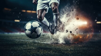 Close-up of a soccer striker ready to kicks the ball in the football goal. Soccer scene at night match with player kicking the ball with power - obrazy, fototapety, plakaty