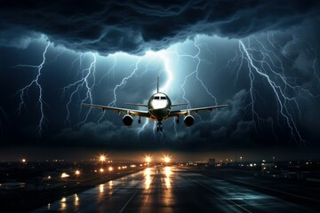 Electrifying Lightning storm plane. Airline jet travel. Generate Ai