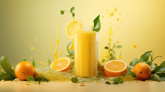  a glass of orange juice surrounded by oranges and leaves with a splash of orange juice on the side of the glass.
