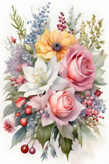 Festive Flora: Pretty Bouquet of Christmas Flowers. watercolor illustration. generative AI