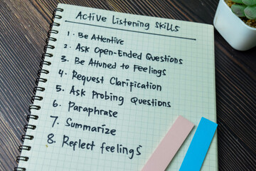 Concept of Active Listening Skills write on book with keywords isolated on Wooden Table.