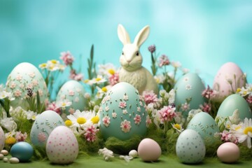Light blue colored easter eggs and toy Bunny rabbit, painted floral ornaments, on pastel blue background.