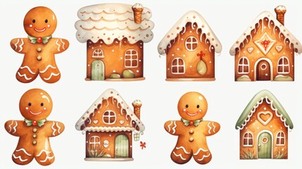  a set of six gingerbread houses with gingers on the roof and a ginger on the front of the house.