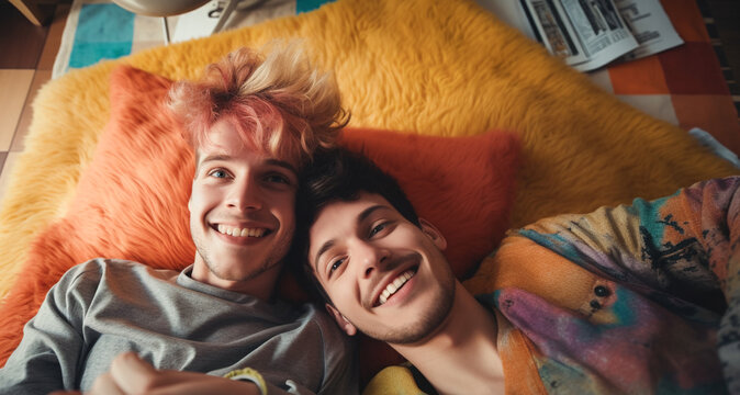 Gay couple lying to the floor relaxing and posing for selfie.