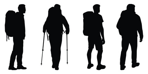 Male and female hiker or Hiking in mountains silhouettes vector