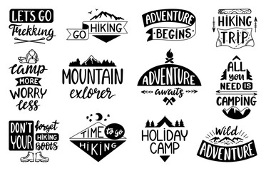 Adventure quote lettering. Black ribbons and badges with travel slogans. Camping and hiking badges or t-shirt prints, neoteric vector set