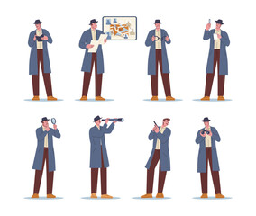 Private investigator wear coat and hat. Detective looking magnifying glass, find evidence and has investigation. Cartoon brave agent, kicky vector character