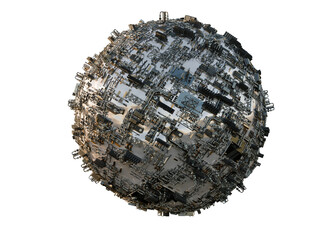 Intricate Mechanical Sphere with Complex Design. Planet from computer circuits. 3D render.