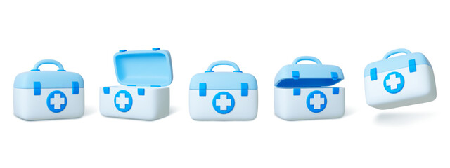 First aid chest 3d. Realistic medicine plastic kit box different rotate. Emergency pack, hospital or ambulance safety bag. Isolated medical pithy vector element - obrazy, fototapety, plakaty