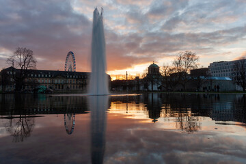 Lake with a fountain near the opera house in Stuttgart