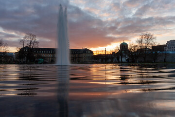 Lake with a fountain near the opera house in Stuttgart