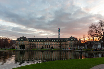 Lake with a fountain near the opera house in Stuttgart