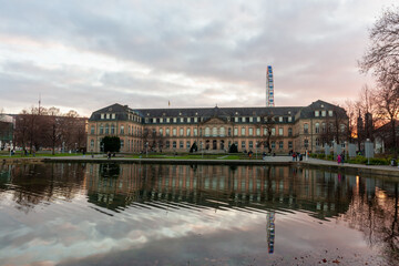 Lake with a fountain near the opera house in Stuttgart