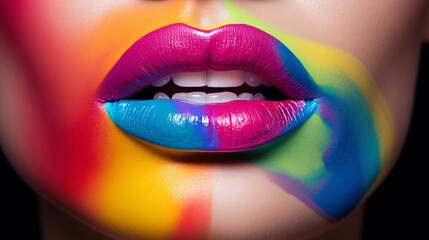 female lips and face with changing rainbow pride makeup - obrazy, fototapety, plakaty