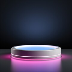 A round podium with a blue and pink light