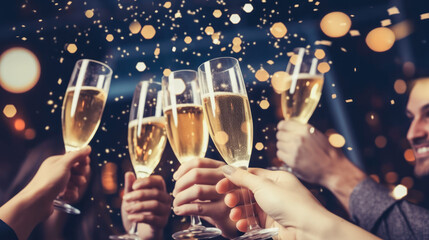 Friends celebrating Christmas or New Year eve party comeliness - obrazy, fototapety, plakaty