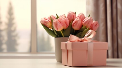 Pink tulips with present on a light background - obrazy, fototapety, plakaty