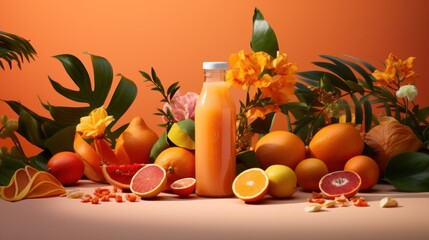  a bottle of orange juice next to a bunch of oranges and a bunch of oranges on a table.