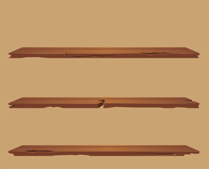 Empty shelves. Wooden interior old scratched shelves