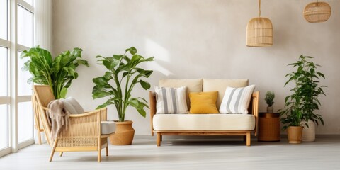 Modern bright room furnished with cozy furniture, plants, and eco-friendly materials.