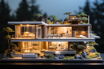 3D rendering of a beautiful modern house at night light