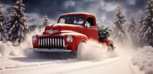 Santa cruises snowy landscapes in a vintage red truck, delivering joy with a Christmas tree
