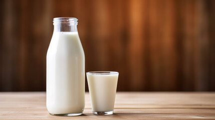 Bottle of milk with glass full of milk on a wooden table with space for copy