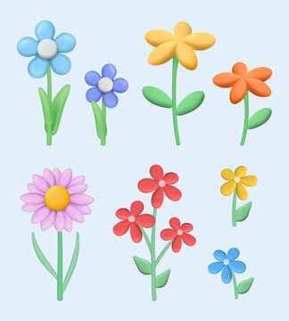 Clay flowers. Plasticine stylized botanical illustrations buds of flowers decent vector realistic pictures