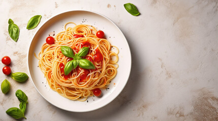 Plate of spaghetti pasta with tomato sauce on a white table with space for copy, top view angle